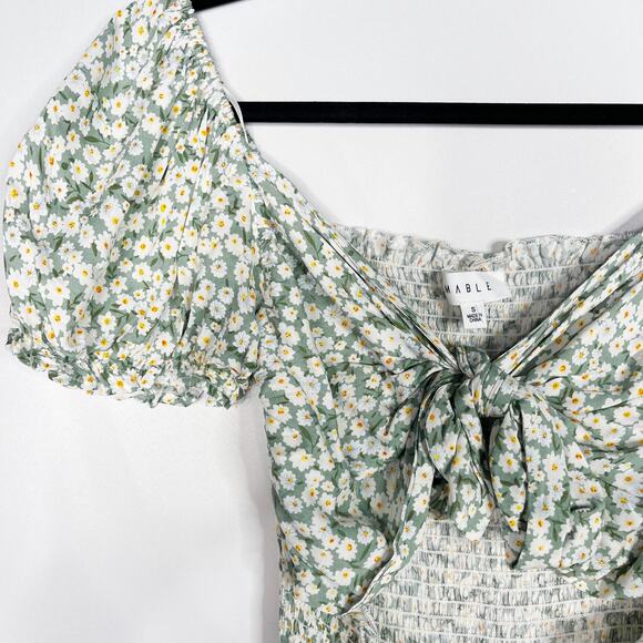 Mable Small S Sage Green Nikki Front Tie Smocked Mini Dress Ditsy Floral Print - Picture 6 of 14